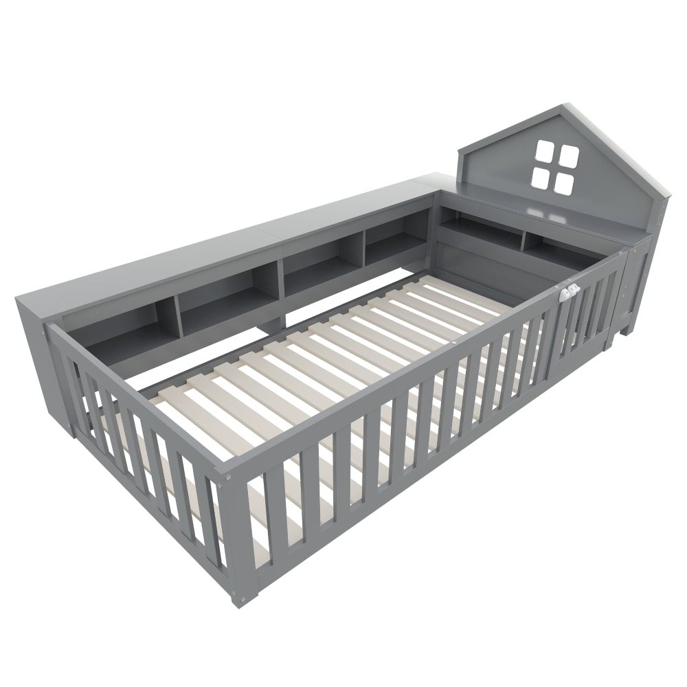 Lit enfant en bois massif gris avec rangement et toit en 90 x 200 cm