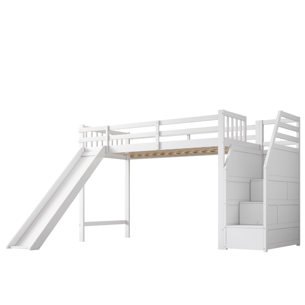 Lit mezzanine en pin blanc avec toboggan et rangement 90 x 200 cm