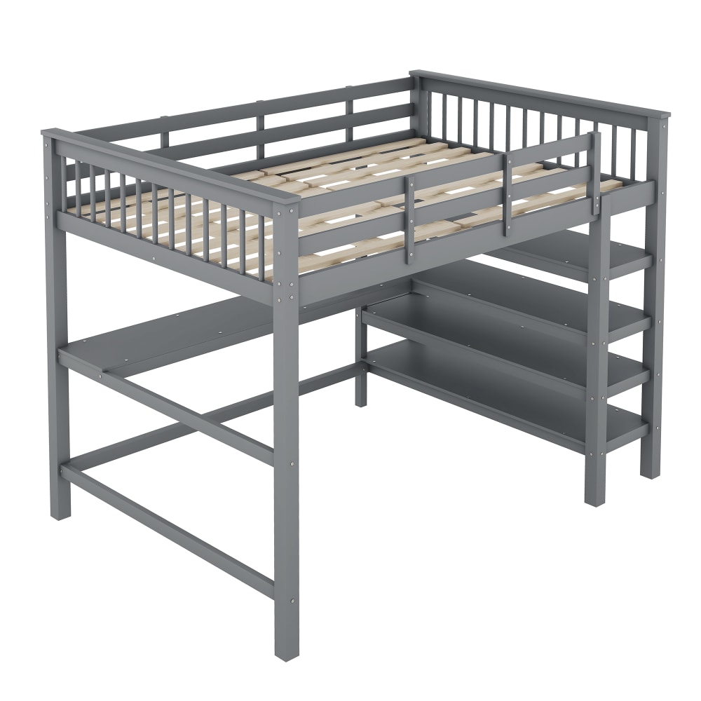 Lit mezzanine en pin gris avec bureau et étagères 140 x 200 cm