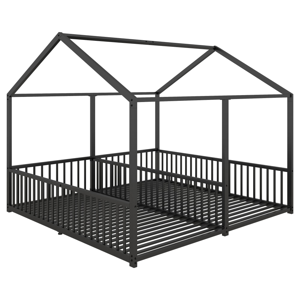 OKWISH Kinderbett aus Metall mit Geländer und Hausform 90x200 cm,schwarz Metall Baby