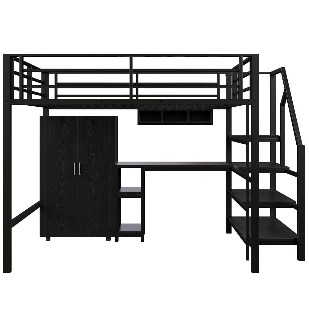 Lit mezzanine en métal noir avec bureau et placard 140 x 200 cm