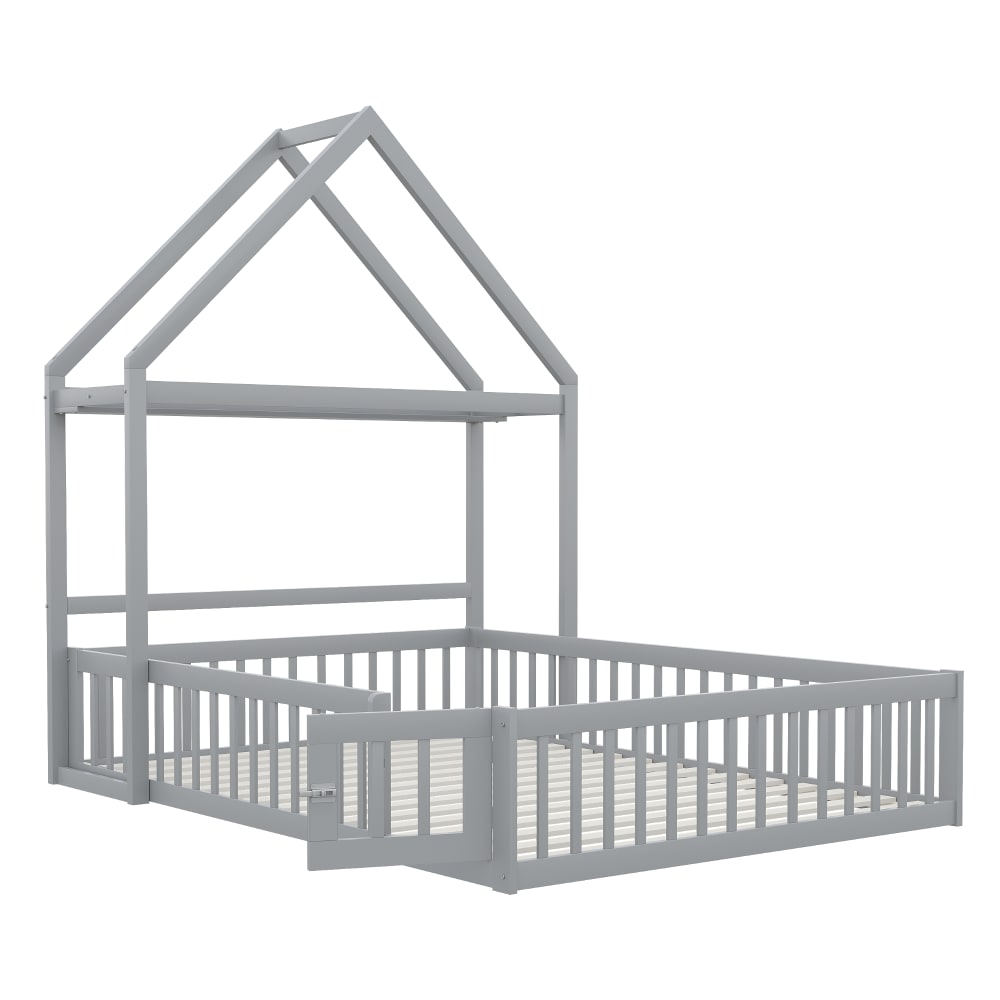 Lit enfant en pin gris avec protection et rangement 140 x 200 cm