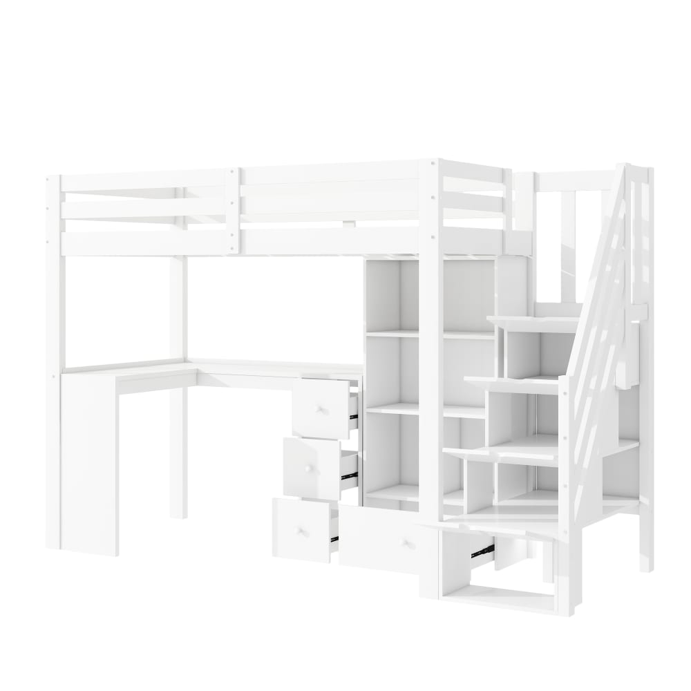 Lit mezzanine en pin blanc avec bureau et rangement 90 x 200 cm