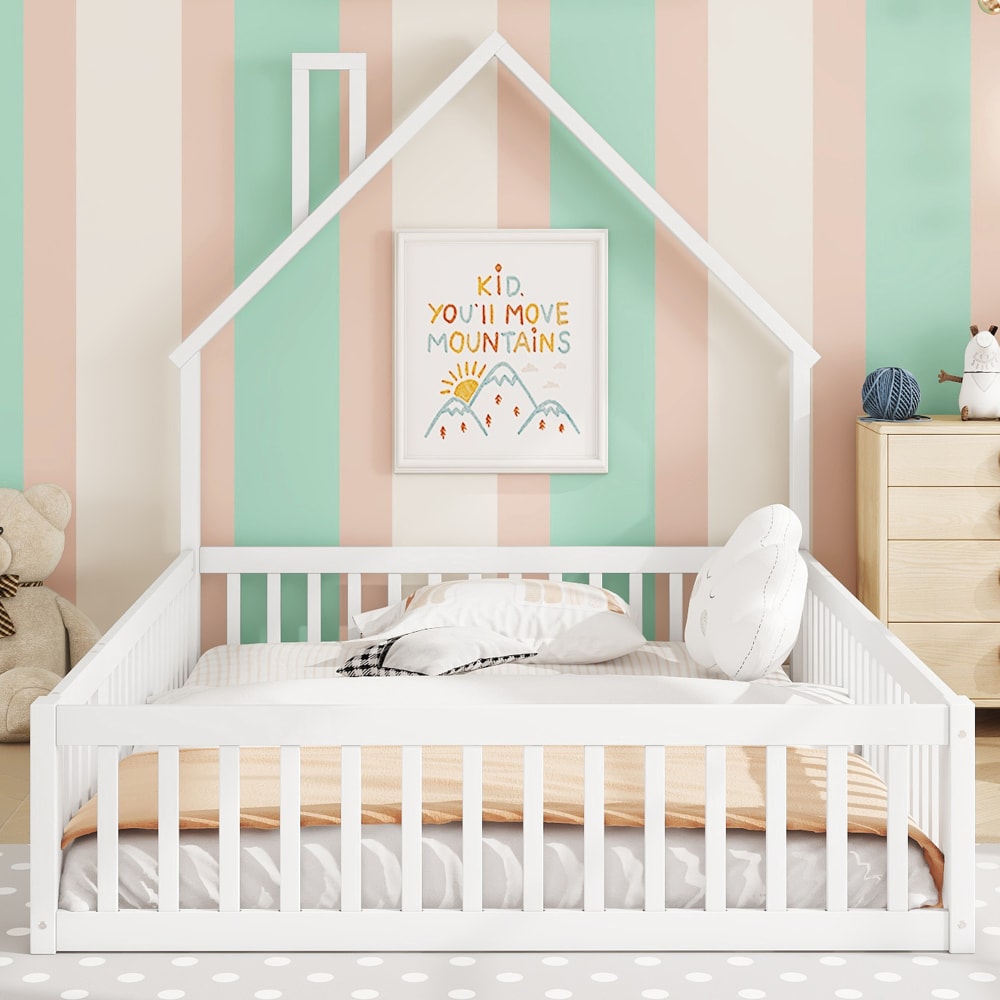 Kinderbett aus Kiefernholz mit Schornsteinform 140x200 cm,weiß -