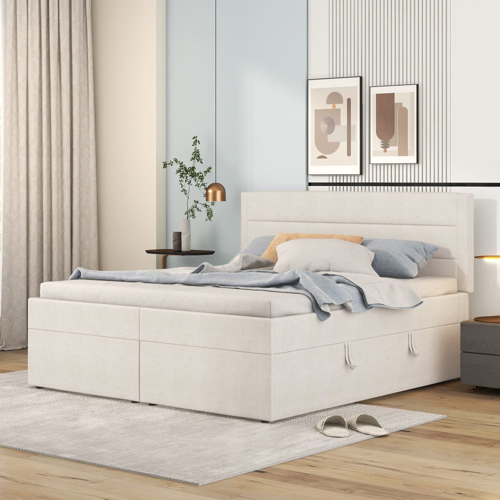 OKWISH Polsterbett aus Holz mit großem Stauraum 140x200 cm,beige - Holz