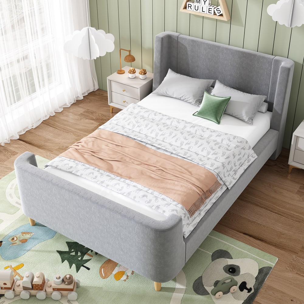 OKWISH Kinderbett aus Samt mit Schlittenbett-Design 90x200 cm, grau Samt Baby