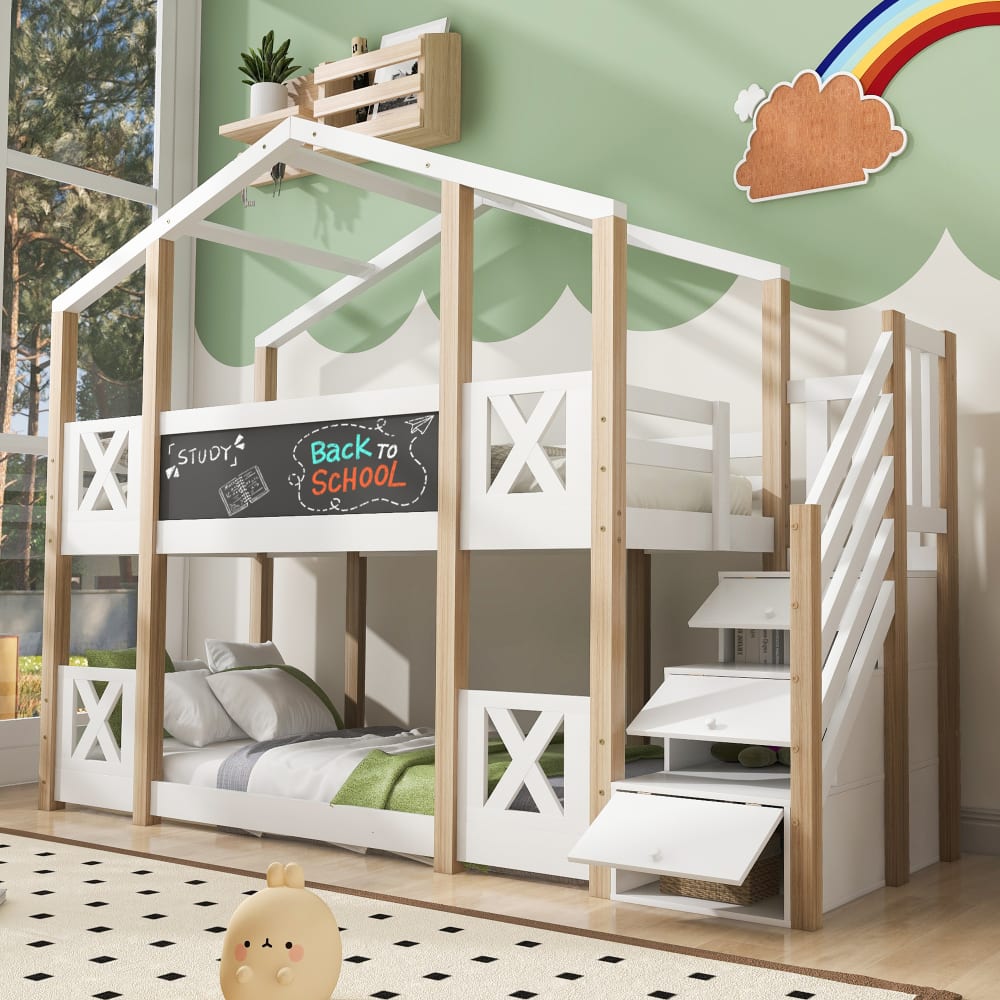 Etagenbett aus Kiefer mit Treppe Stauraum 90x200 cm,weiß+natur -