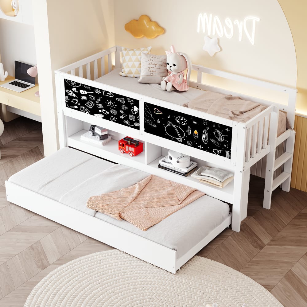 Lit enfant en bois blanc avec lit escamotable 90 x 200 cm