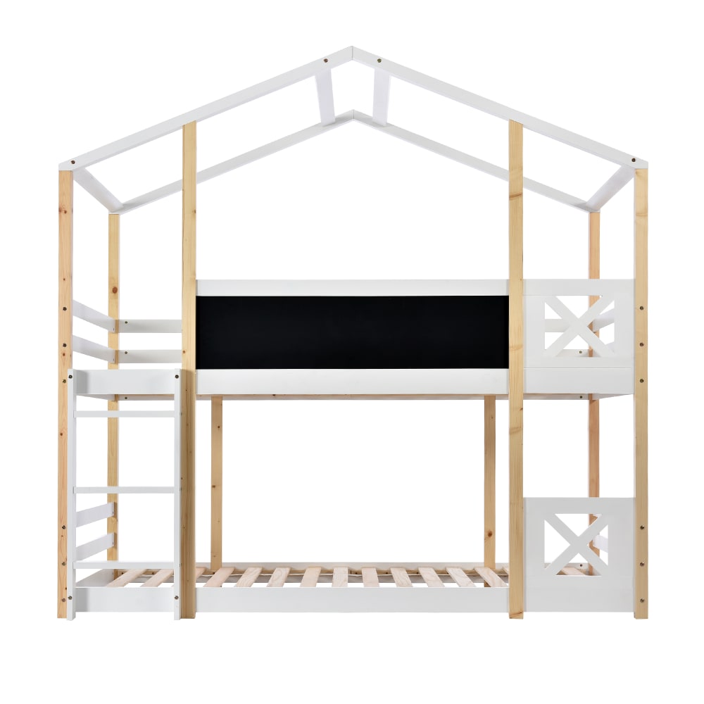 OKWISH Kinderbett aus Kiefer mit Leiter und Tafel 90x200 cm, weiß Holz Baby