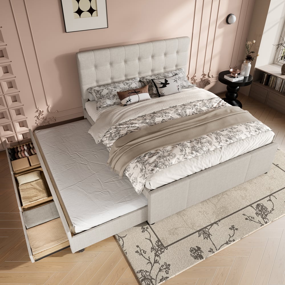 Lit rembourré 140x200cm en lin beige avec lit gigogne et trois tiroirs