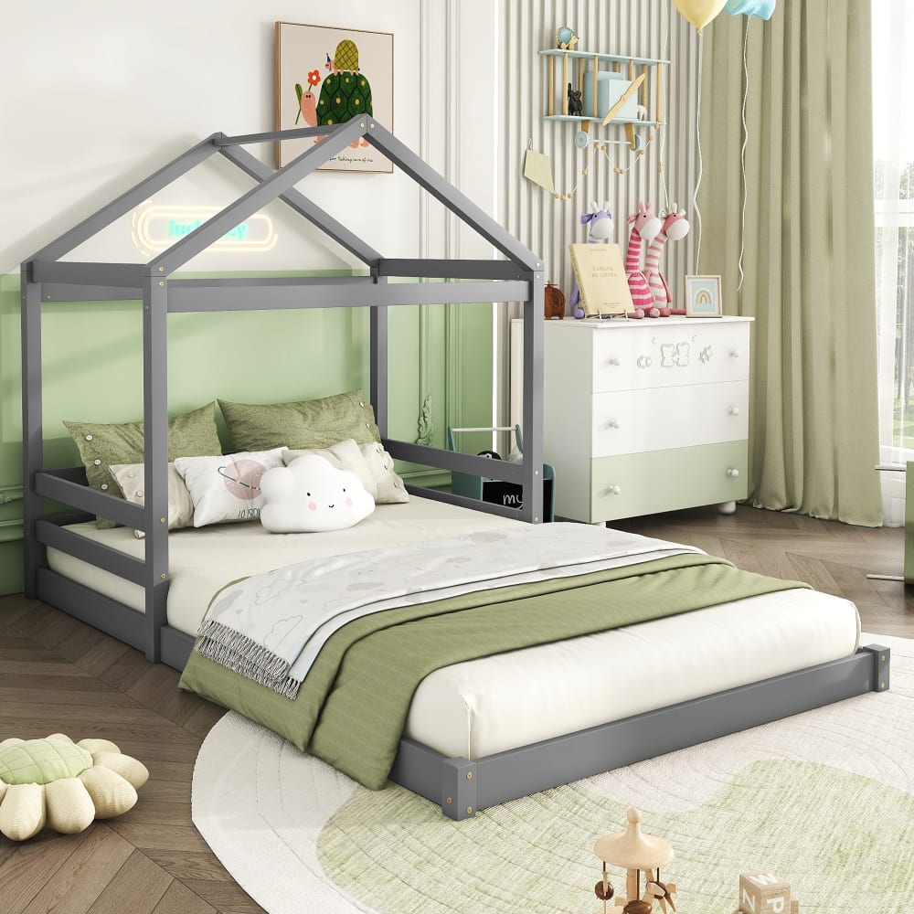Hausbett aus Kiefernholz mit Lattenrost 140x200 cm, grau -