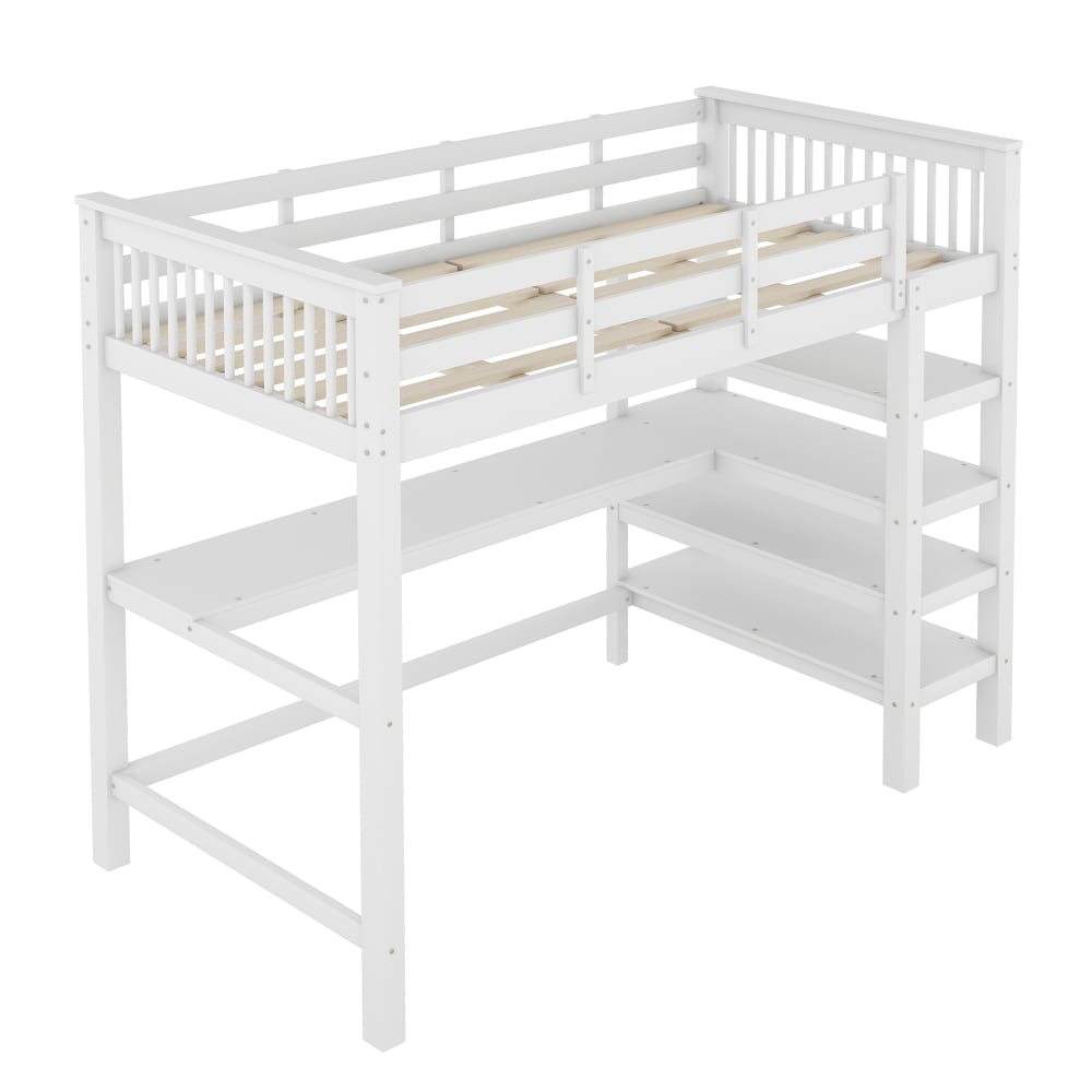 OKWISH Hochbett aus Kiefer mit Ablagefach und Schreibtisch 90x200 cm,weiß Holz Baby