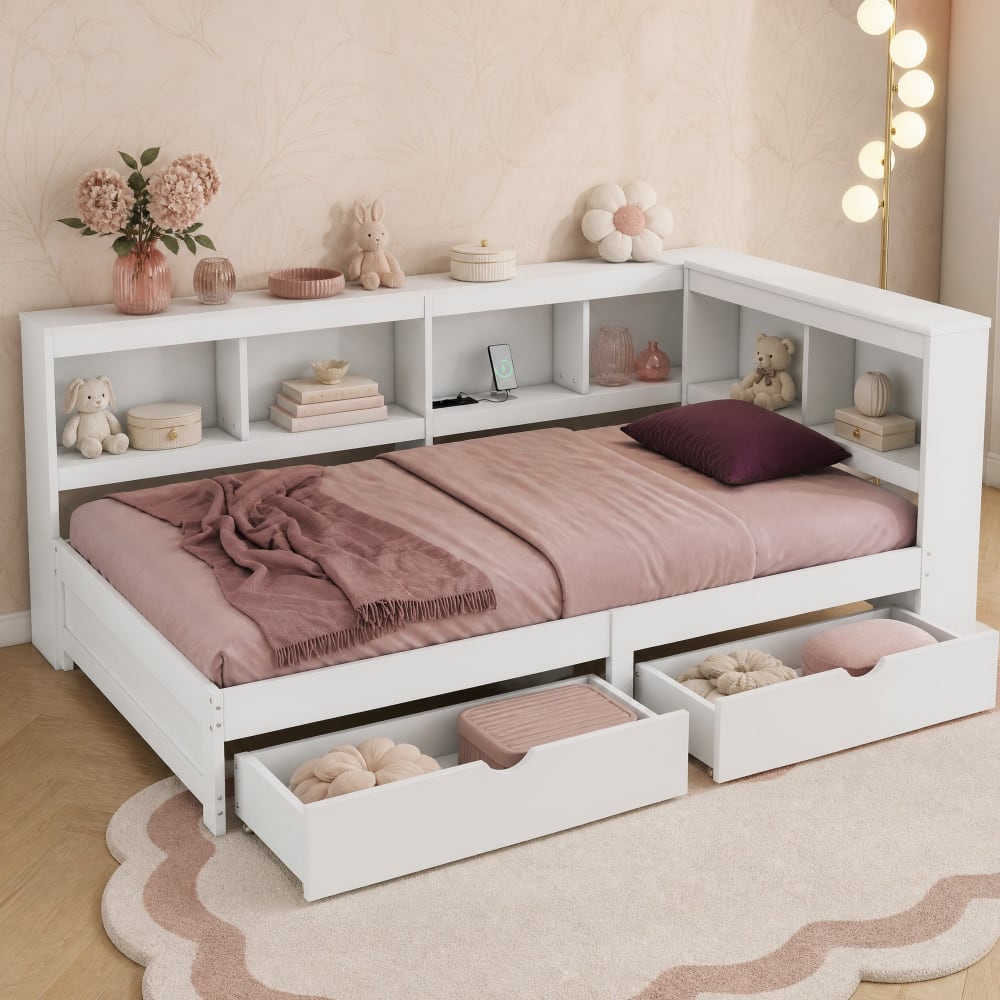 OKWISH Kinderbett 90x200 cm mit zwei Schubladen und 2 USB-Anschlüssen, weiß style modern Spanplatte Baby