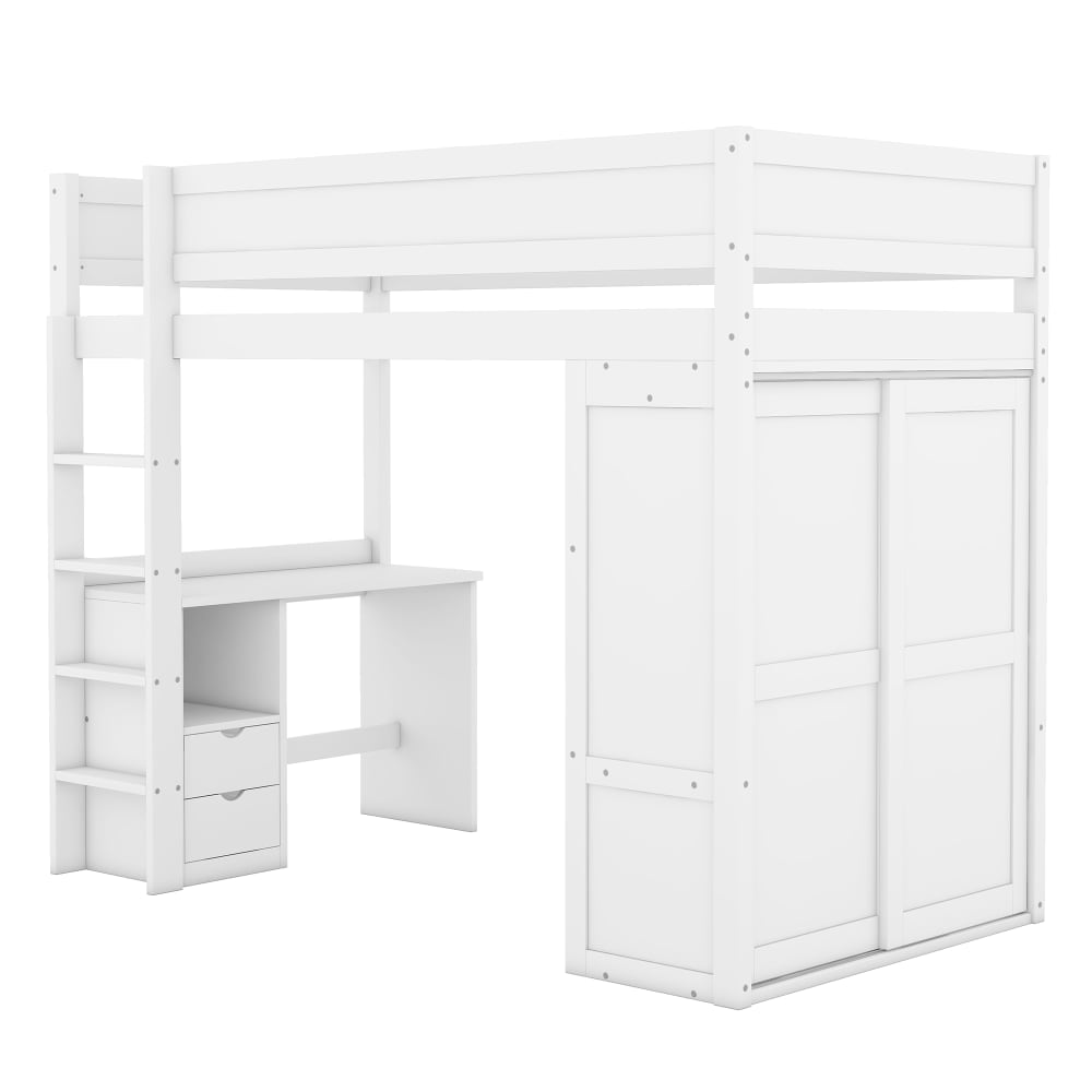 Lit mezzanine en pin blanc avec bureau et placard 90 x 200 cm