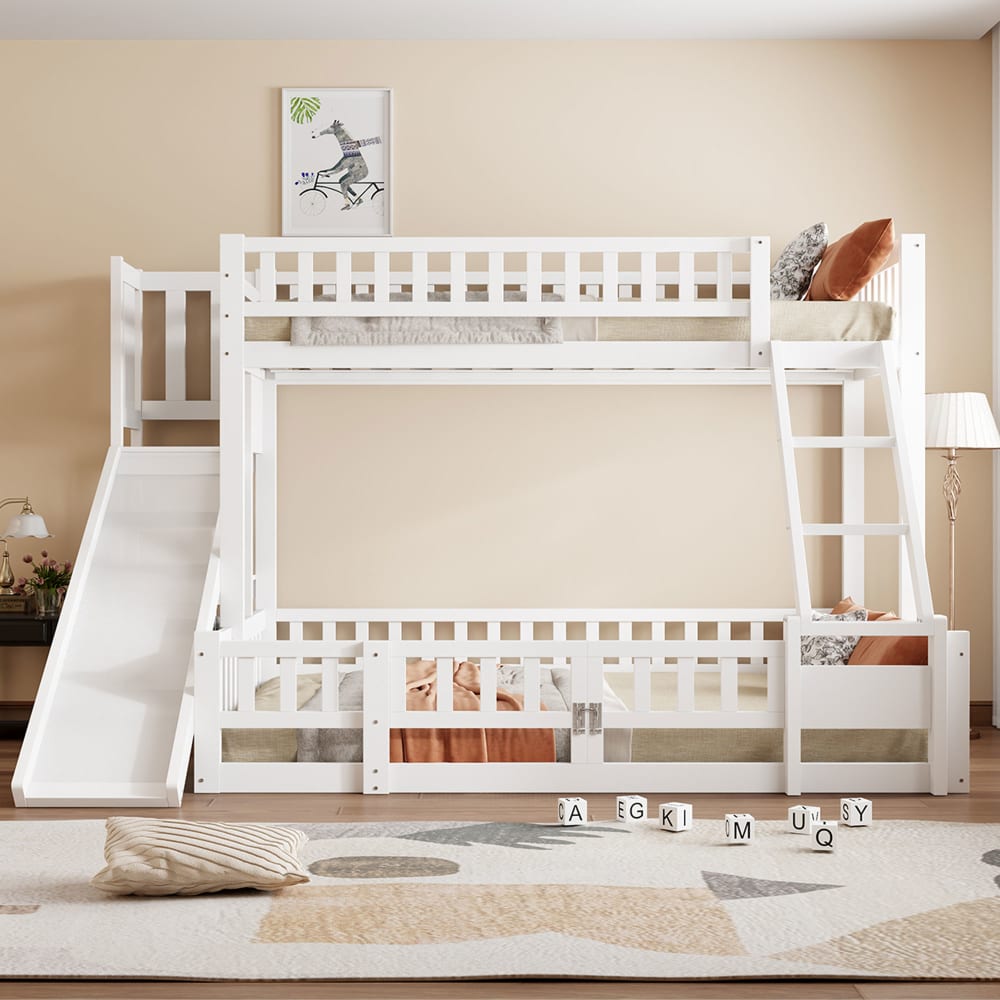 OKWISH Etagenbett aus Kiefernholz mit Rutsche und Regalen 140x200 cm,weiß Baby -