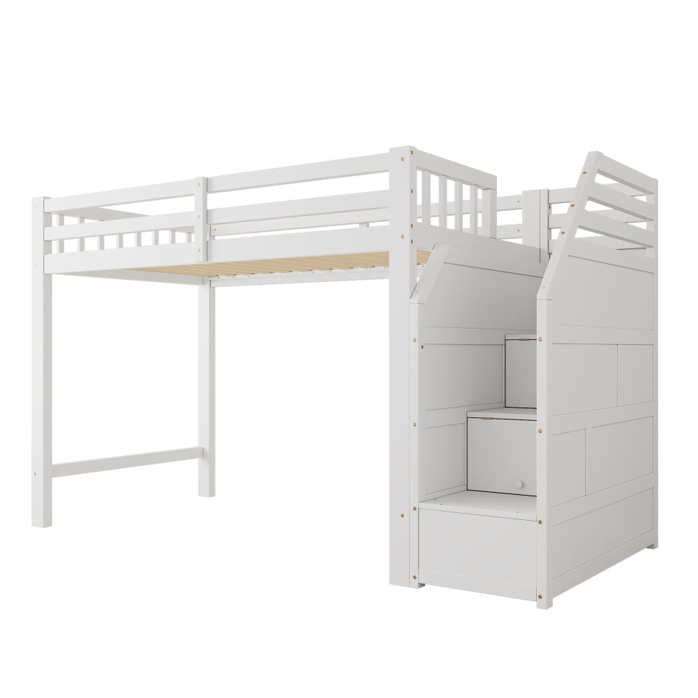 Lit mezzanine en pin blanc avec échelle de rangement 90 x 200 cm