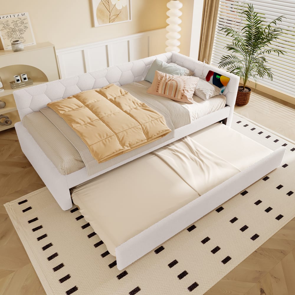 OKWISH Polsterbett aus Vliesimitat mit Ausziehbett 90x200 cm,weiß - Samt