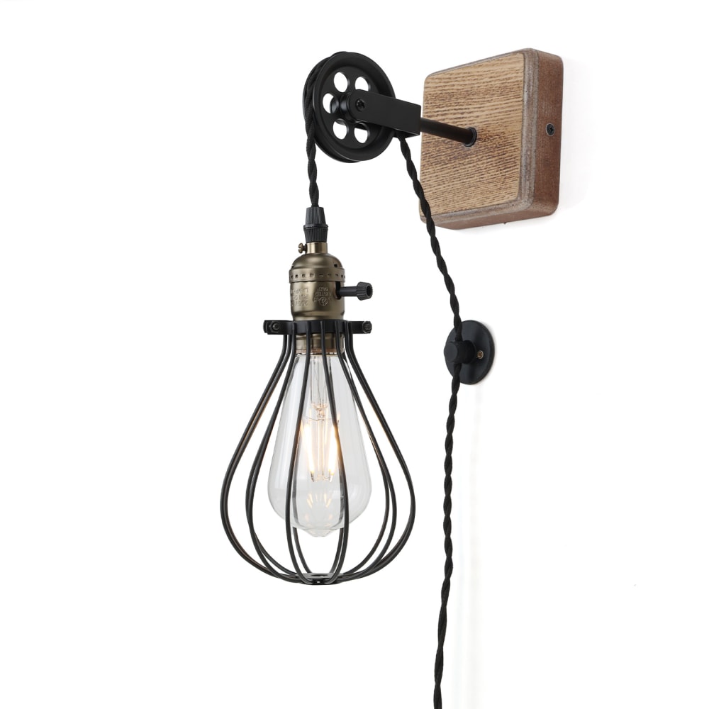 Alpinaluz Wandleuchte aus Holz vintage mit Rolle und Stecker 16 × 12 cm Schwarz Metall