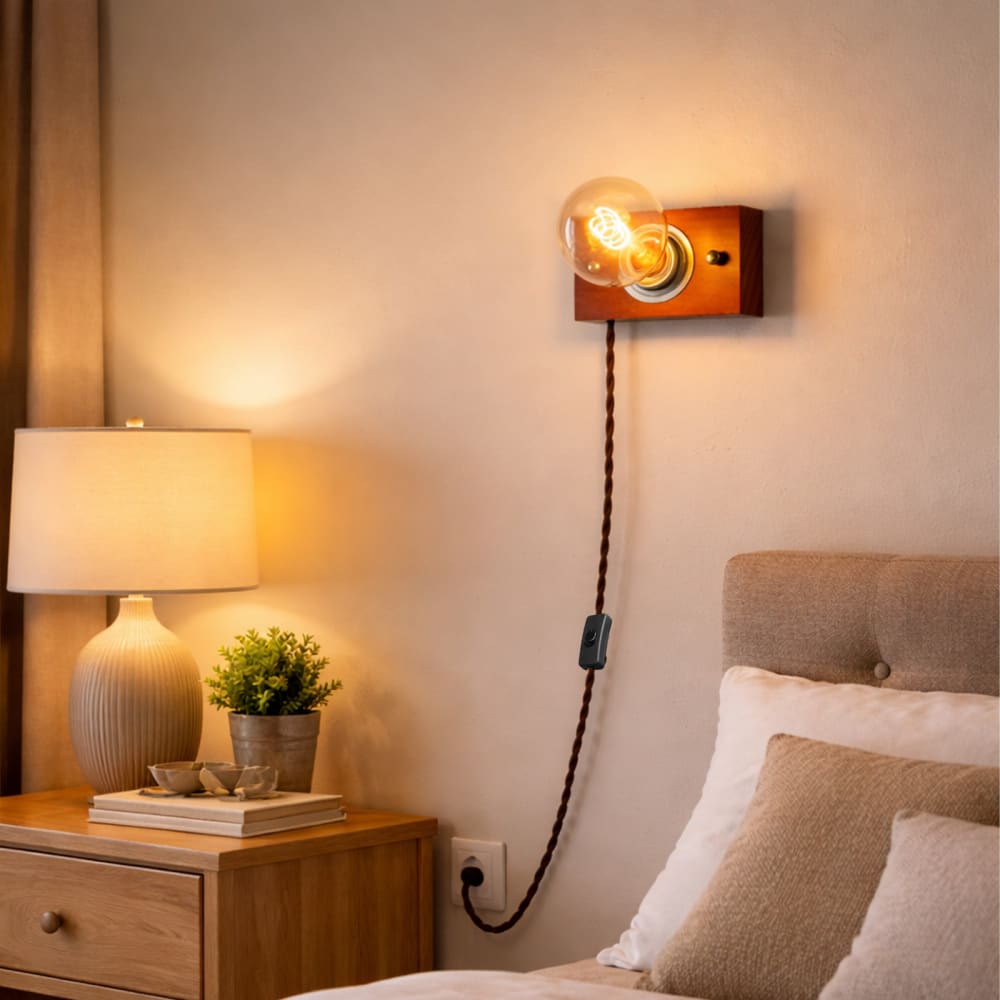 Applique murale rétro en bois avec câble et prise 13x8 cm — vue 3
