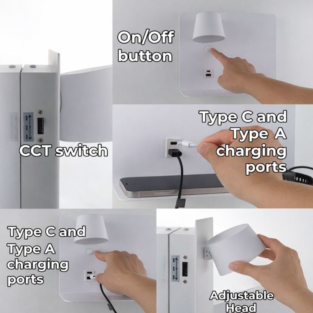 Applique murale LED blanche orientable avec USB et type C 28x27 cm — vue 4