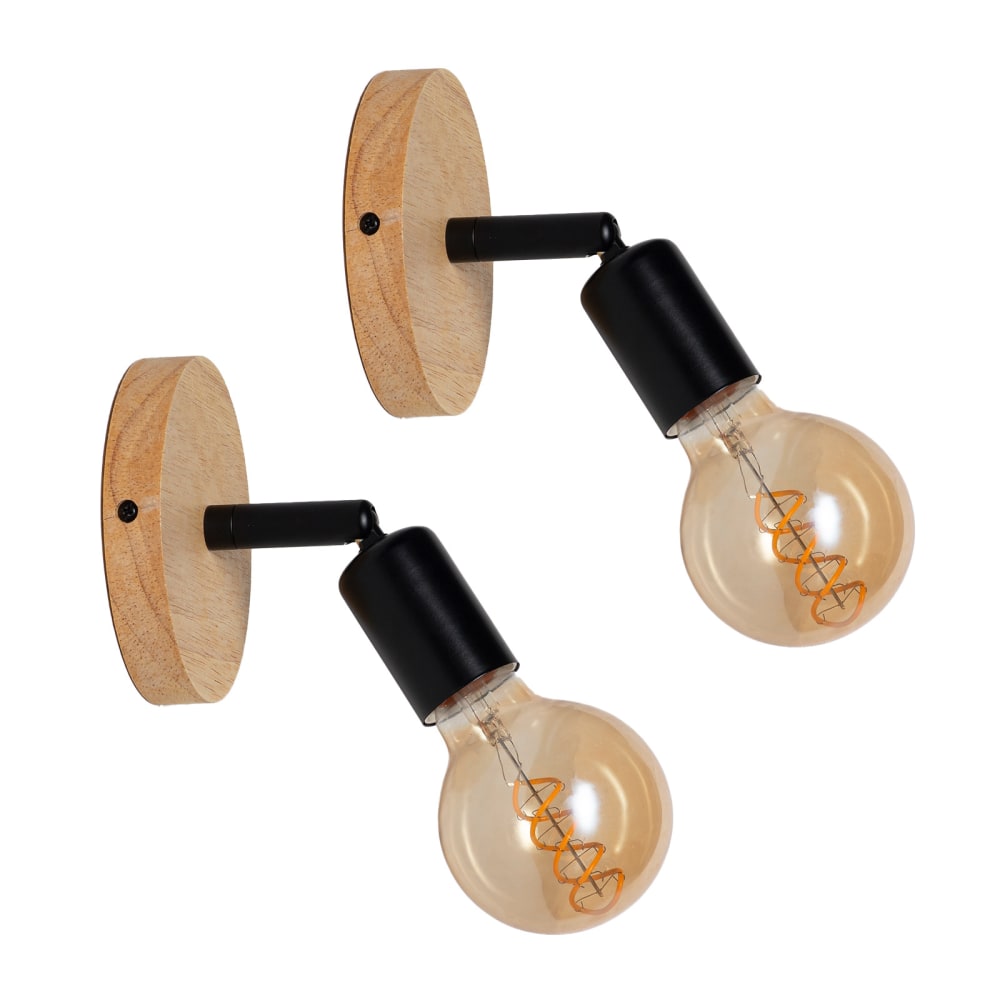 Lot de 2 appliques murales pivotantes bois et métal noir Ø6 cm