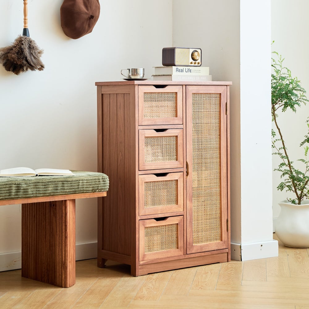 Nordlys Sideboard aufbewahrungsschrank aus Nussbaumholz und Rattan Braun