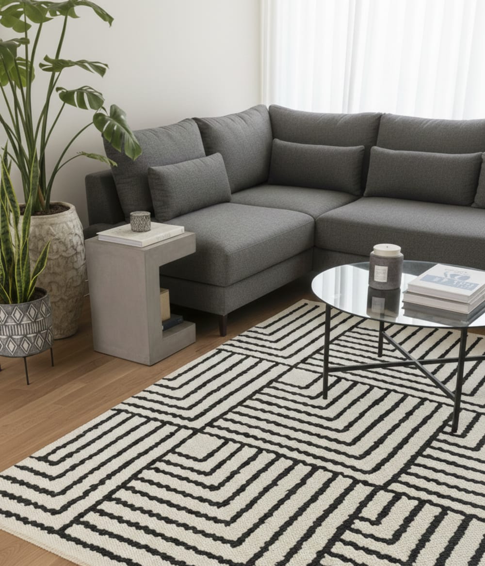 Tapis rectangulaire en coton avec motifs noirs et écrus 120 x 180 cm — vue 4