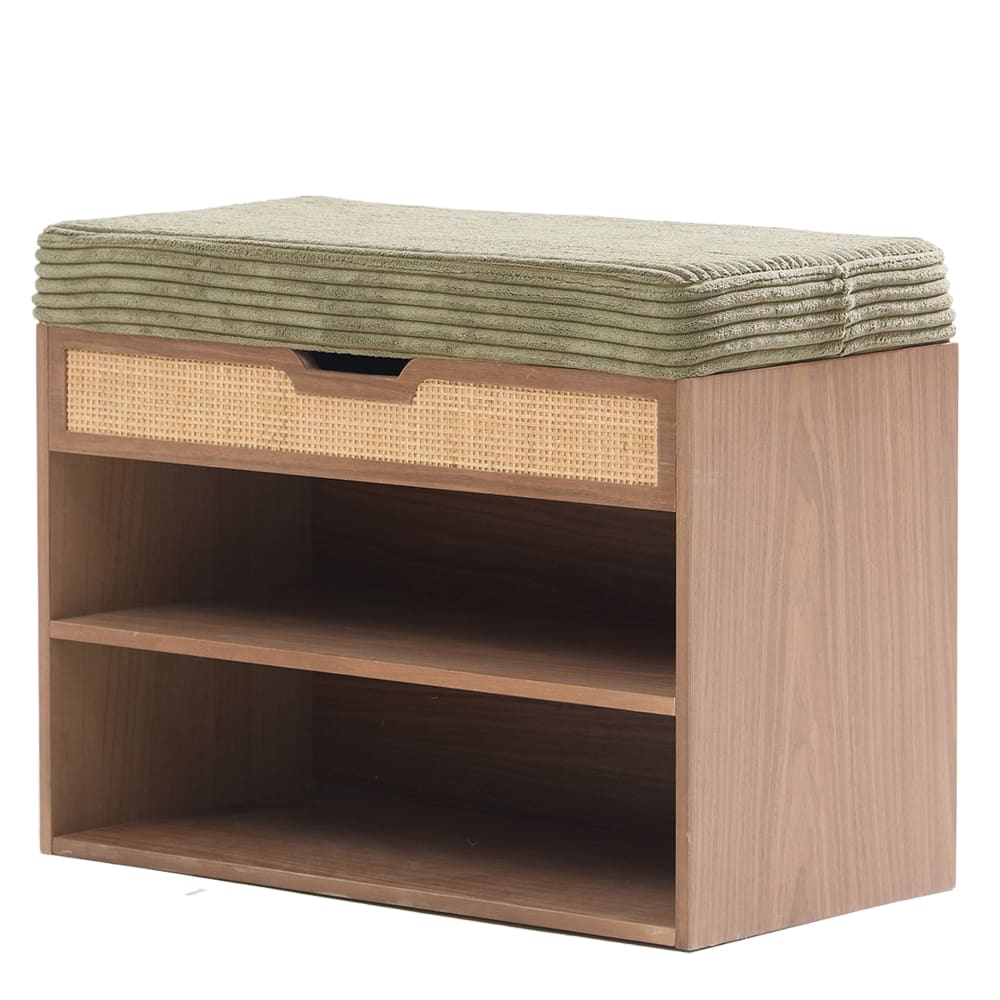 Meuble à chaussures avec coffre en bois et velours côtelé vert khaki