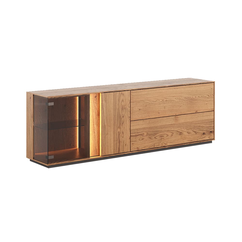Feldmann-Wohnen Kommode mit Glastür aus Massivholz 165x43,5x60cm, wildeiche natur style modern Braun
