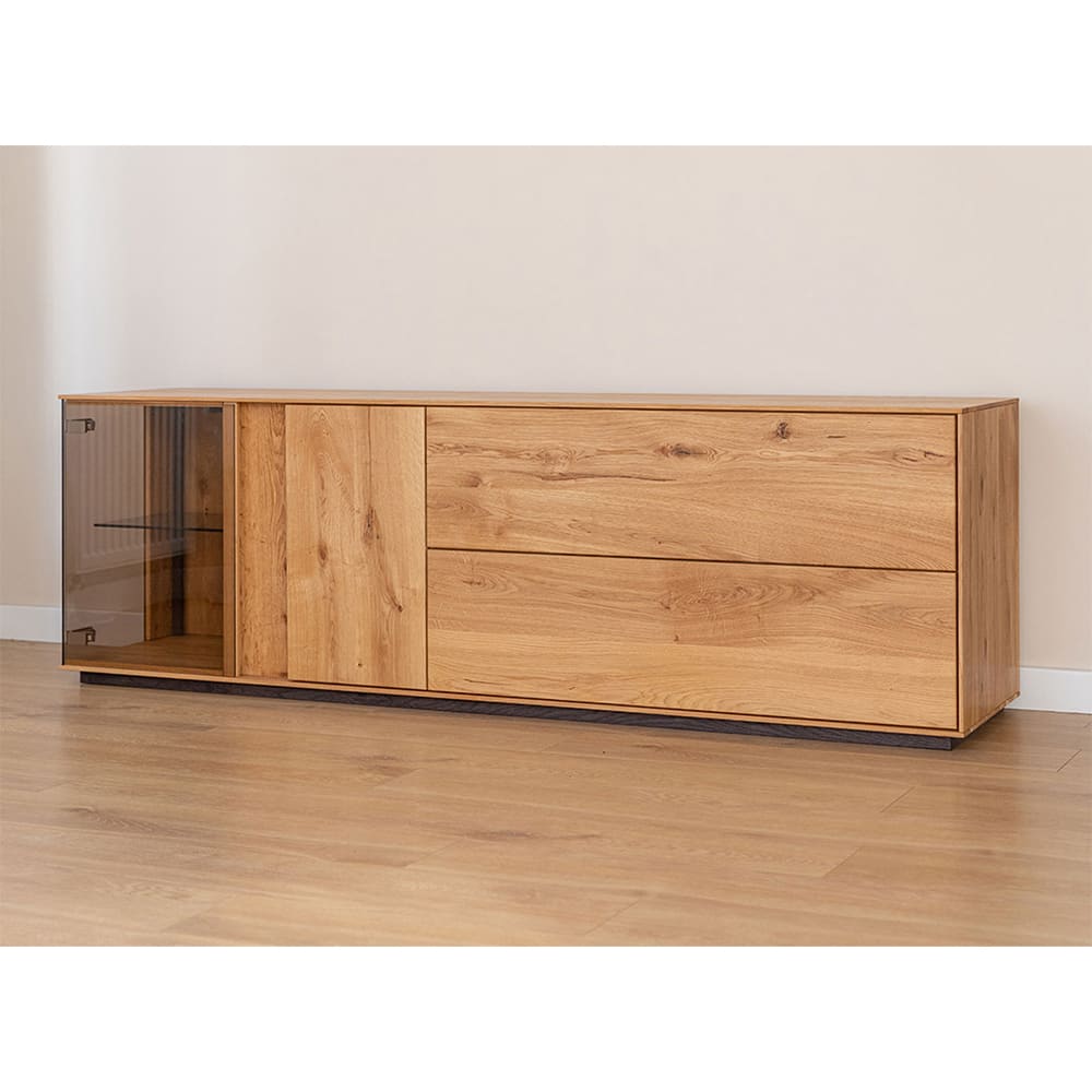 Kommode mit Glastür aus Massivholz 165x43,5x60cm, wildeiche natur