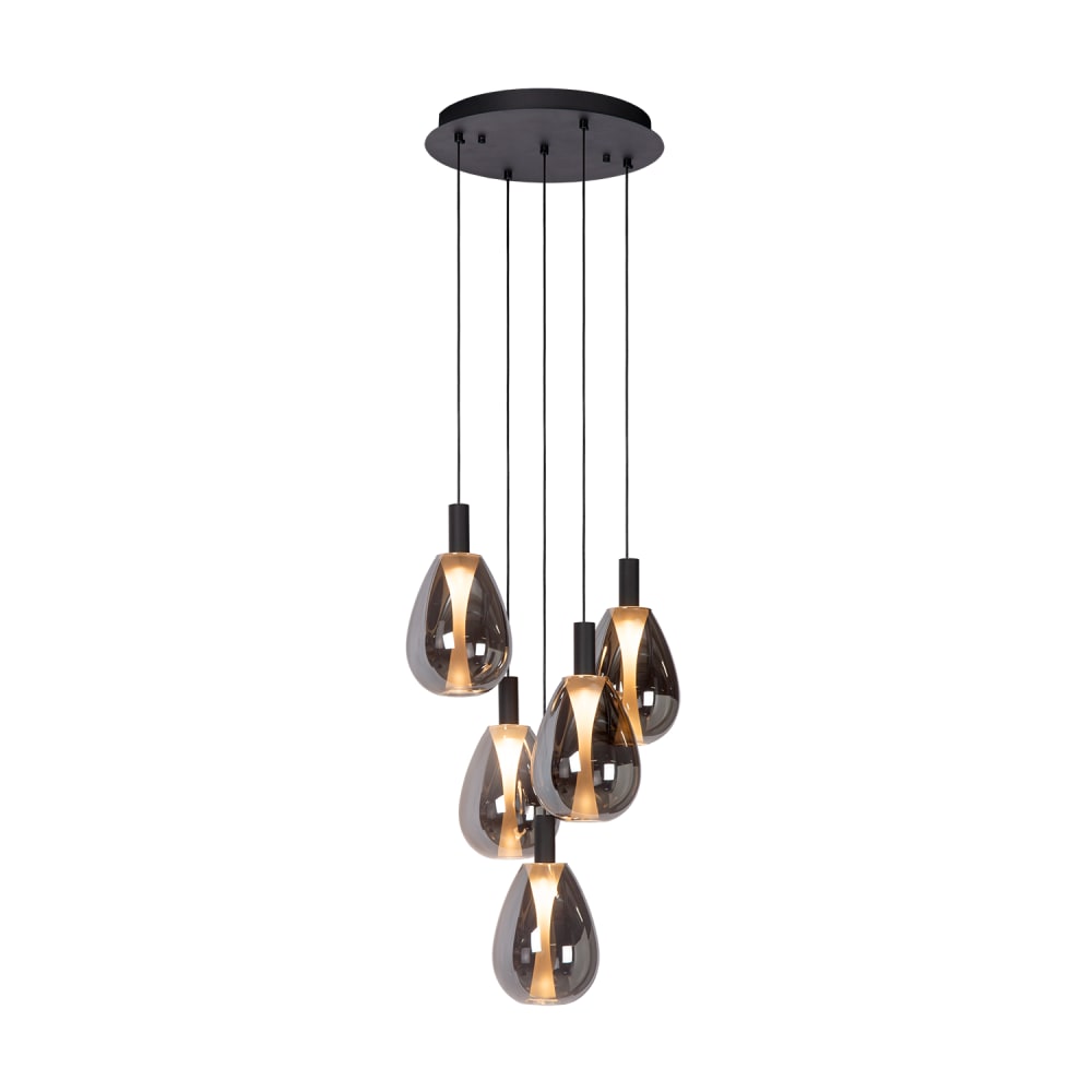 Lampe suspendue en métal et verre fumé, noir, 5 abat-jours, LED