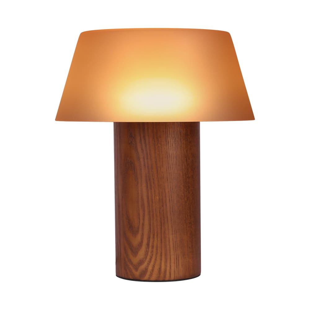 Lampe de table en verre brun avec pied en placage chêne, Ø 28 cm