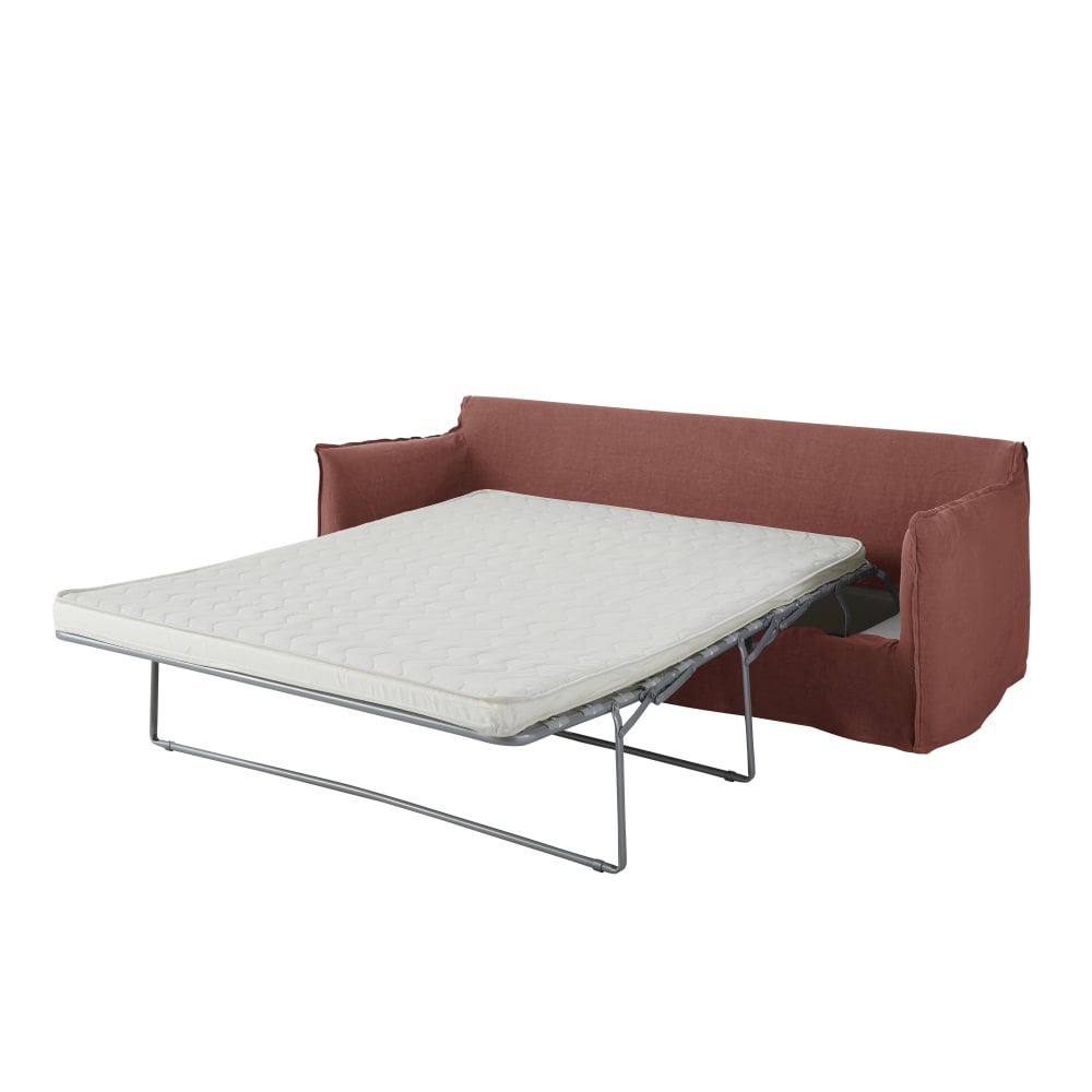 Canapé convertible 3/4 places en lin rouge, matelas 6 cm