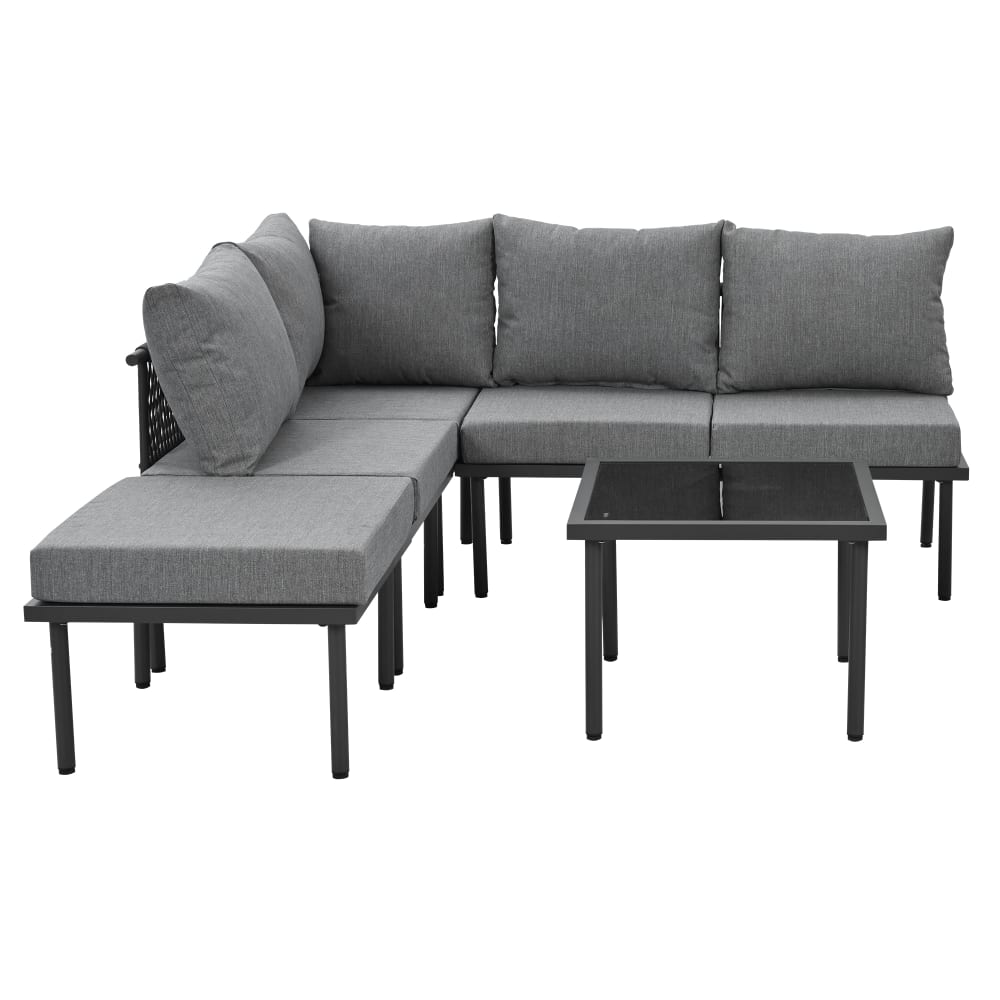 Salon de jardin 6 places en acier et textile gris