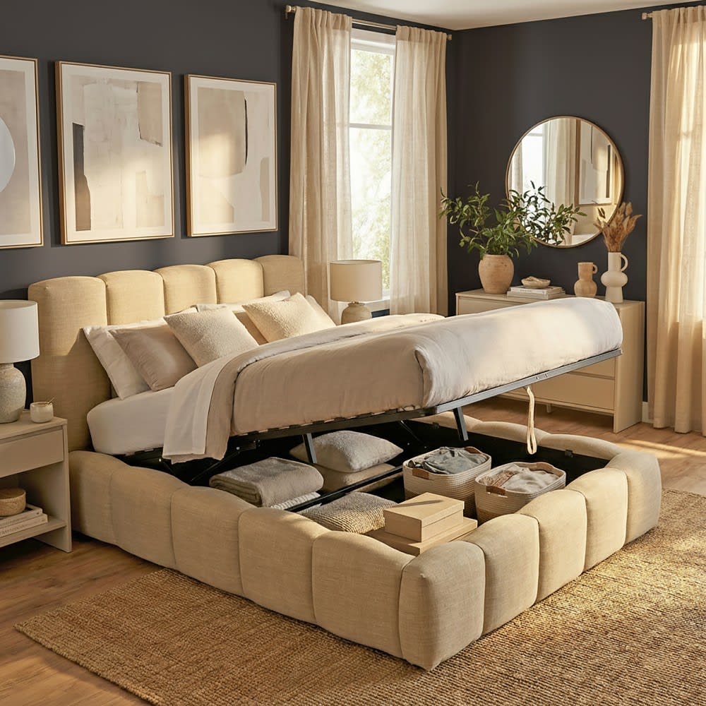 Lit coffre rembourré beige 160 x 200 cm - image 2