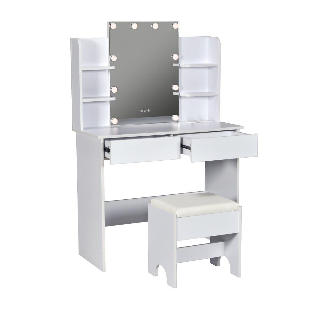 Coiffeuse avec miroir 2 tiroirs et tabouret blanc