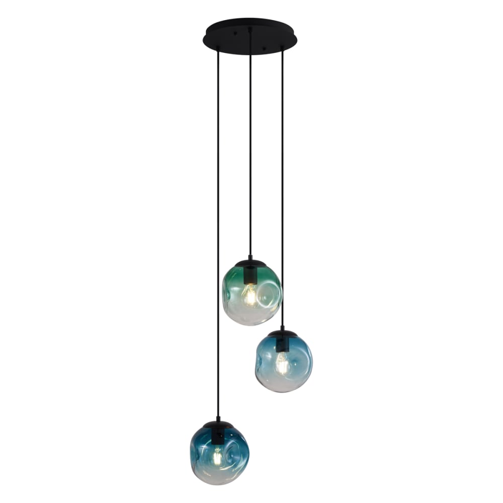 Suspension Art déco noire verre bleu vert 3 lampes