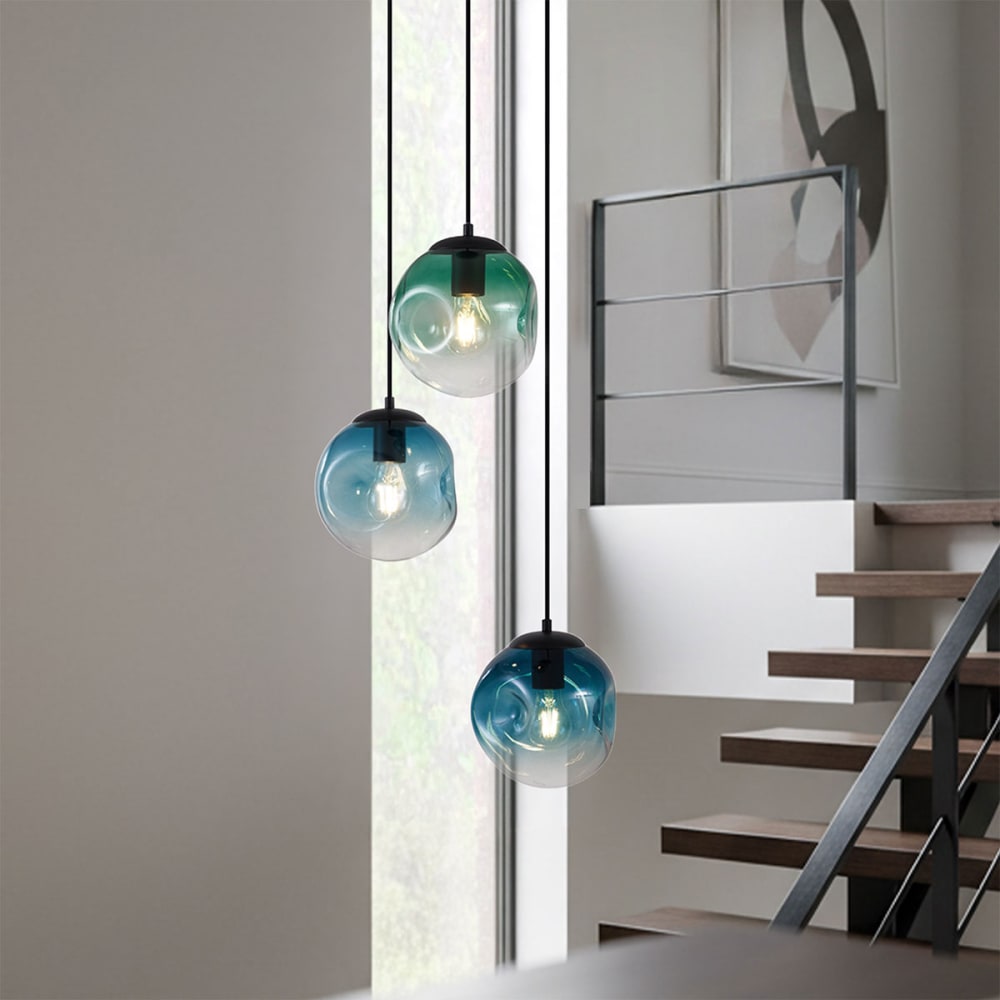 Suspension art déco noire verre bleu vert 3 lampes — vue 3