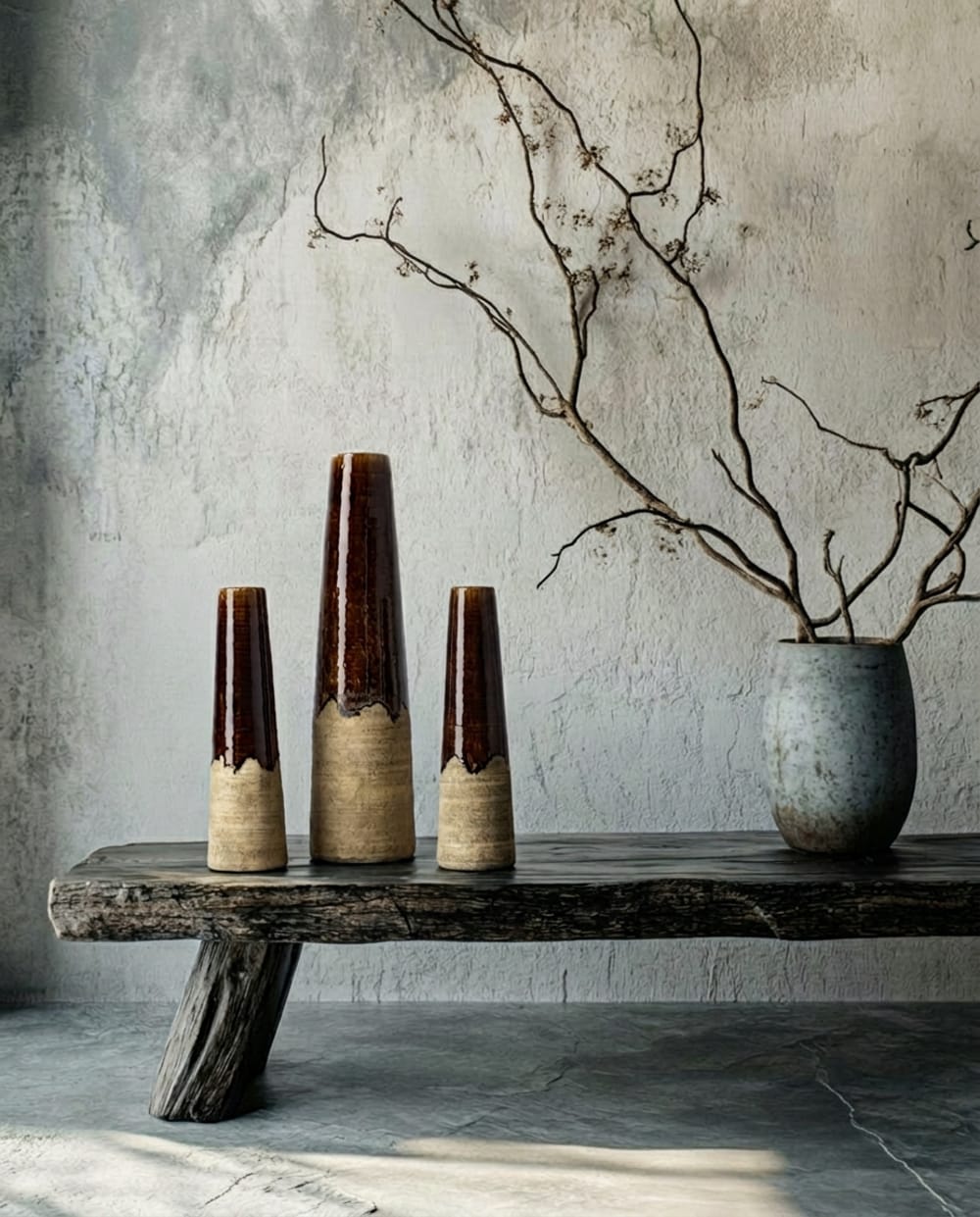 Vase aus steingut in betongrau und braun, 12,5x12,5x49cm -