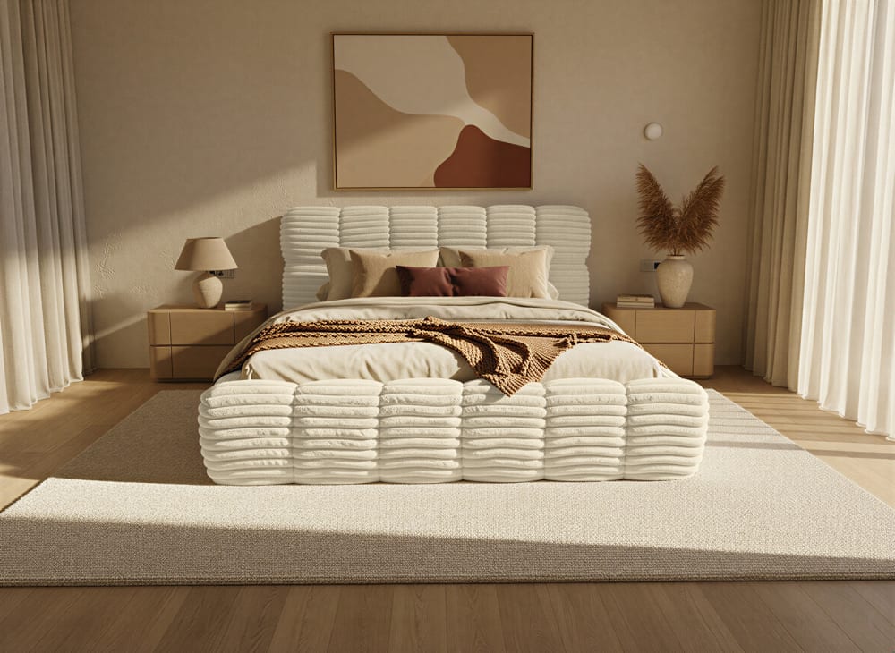 Lit rembourré avec revêtement en velours côtelé 140x200 cm, Beige