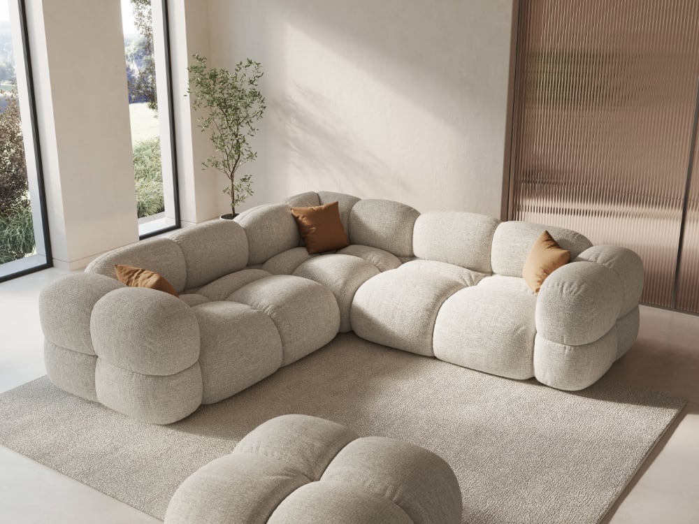 Canapé d'angle symétrique 4 places en tissu structurel beige