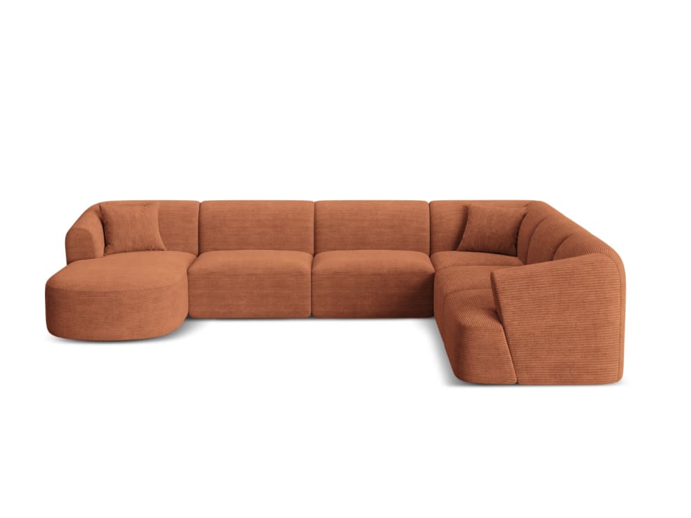 Canapé d'angle panoramique 7 places velours côtelé terracotta