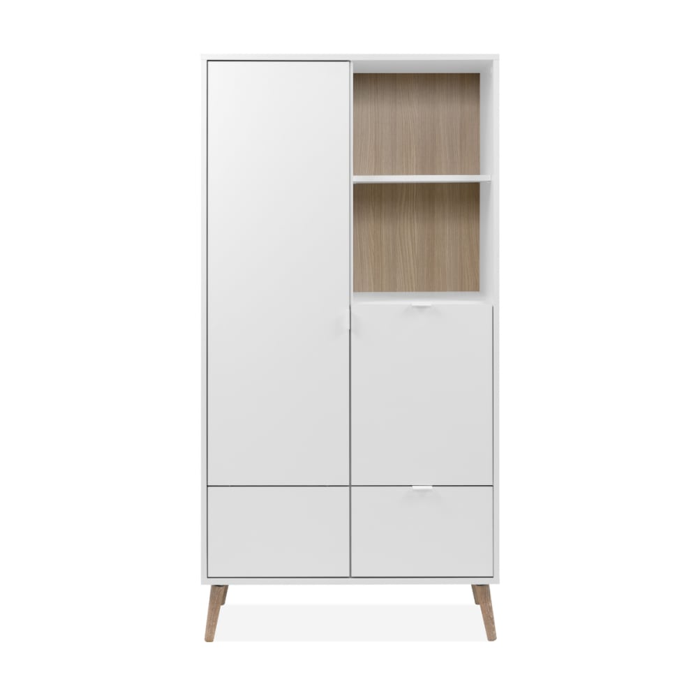 Buffet haut 2 portes, 2 niches, 1 tiroir décor blanc et chêne H155 cm