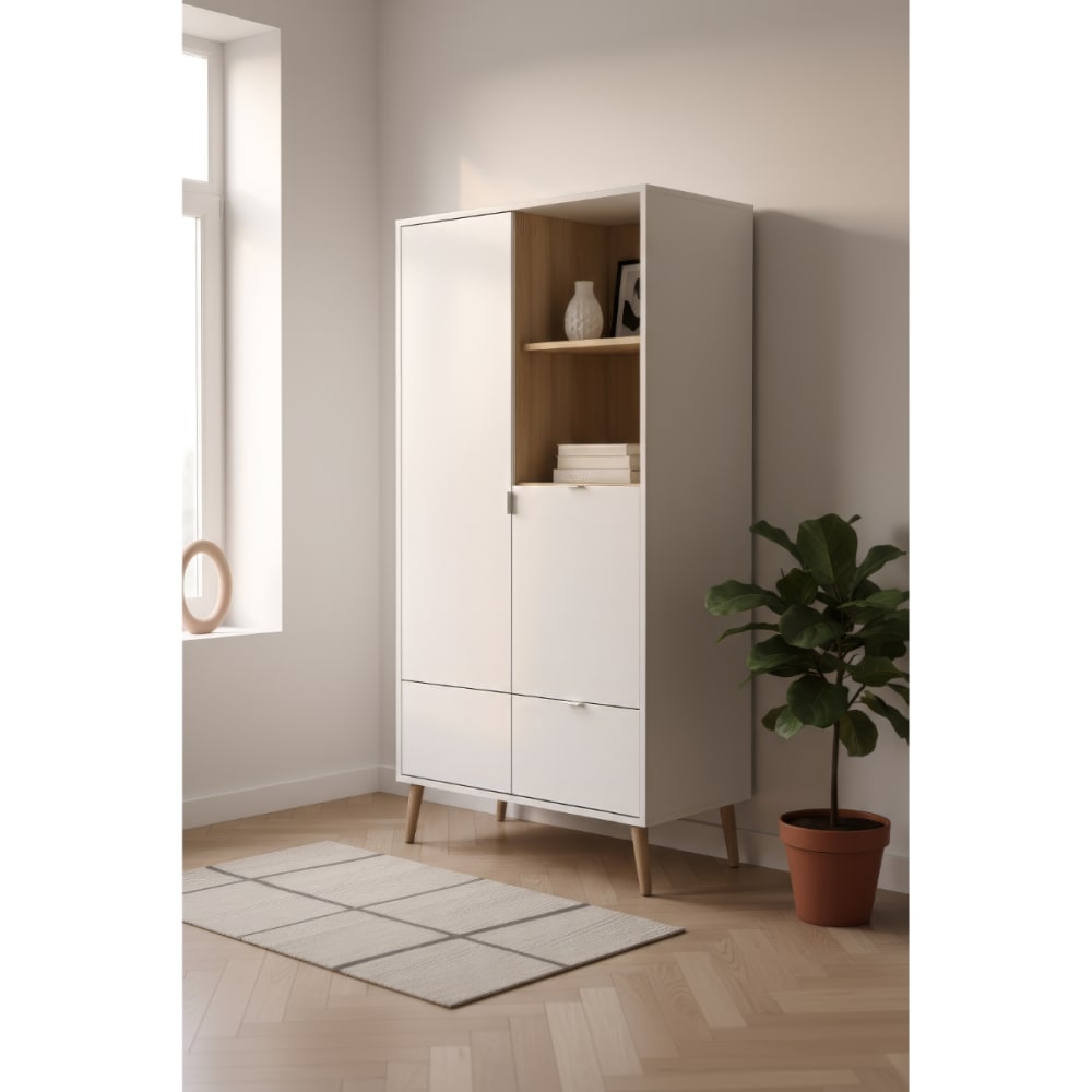 Sideboard mit 2 Türen, 2 Nischen in Weiß und Eichenoptik A155 cm