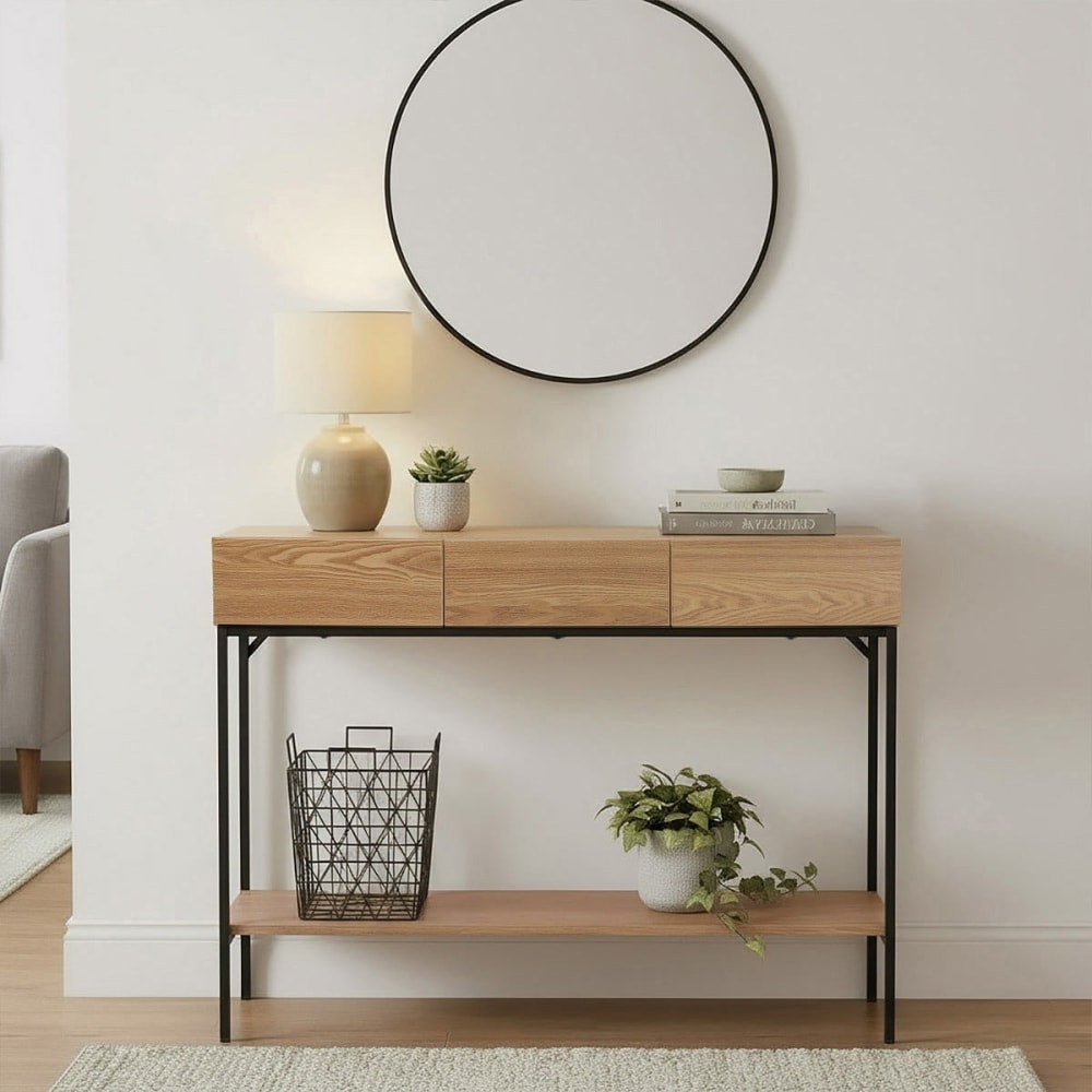 Console avec 1 tablette inférieure effet bois et métal noir L120 cm