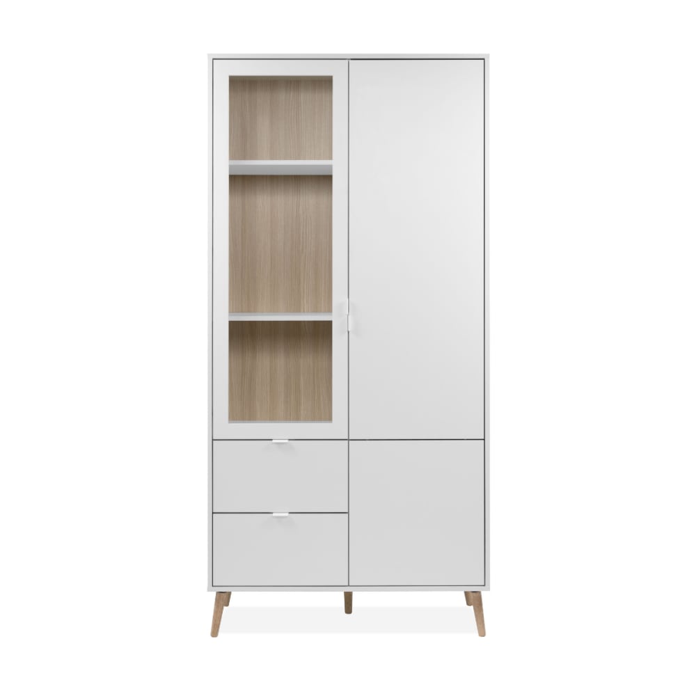 Calicosy Vitrine mit 2 Türen, davon 1 verglast, Weiß und Eichenoptik H190 cm Weiß Spanplatte
