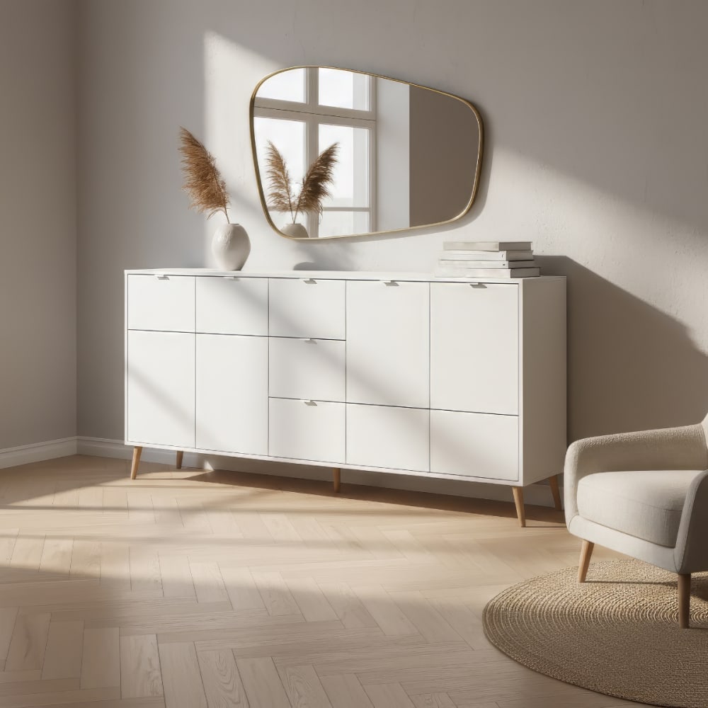 Buffet 4 portes, 3 tiroirs effet blanc et chêne l190 cm