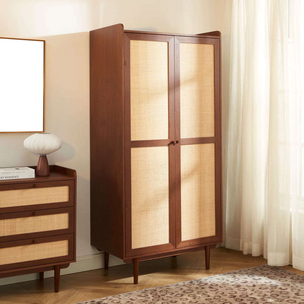Armoire noyer et cannage 2 portes h190cm