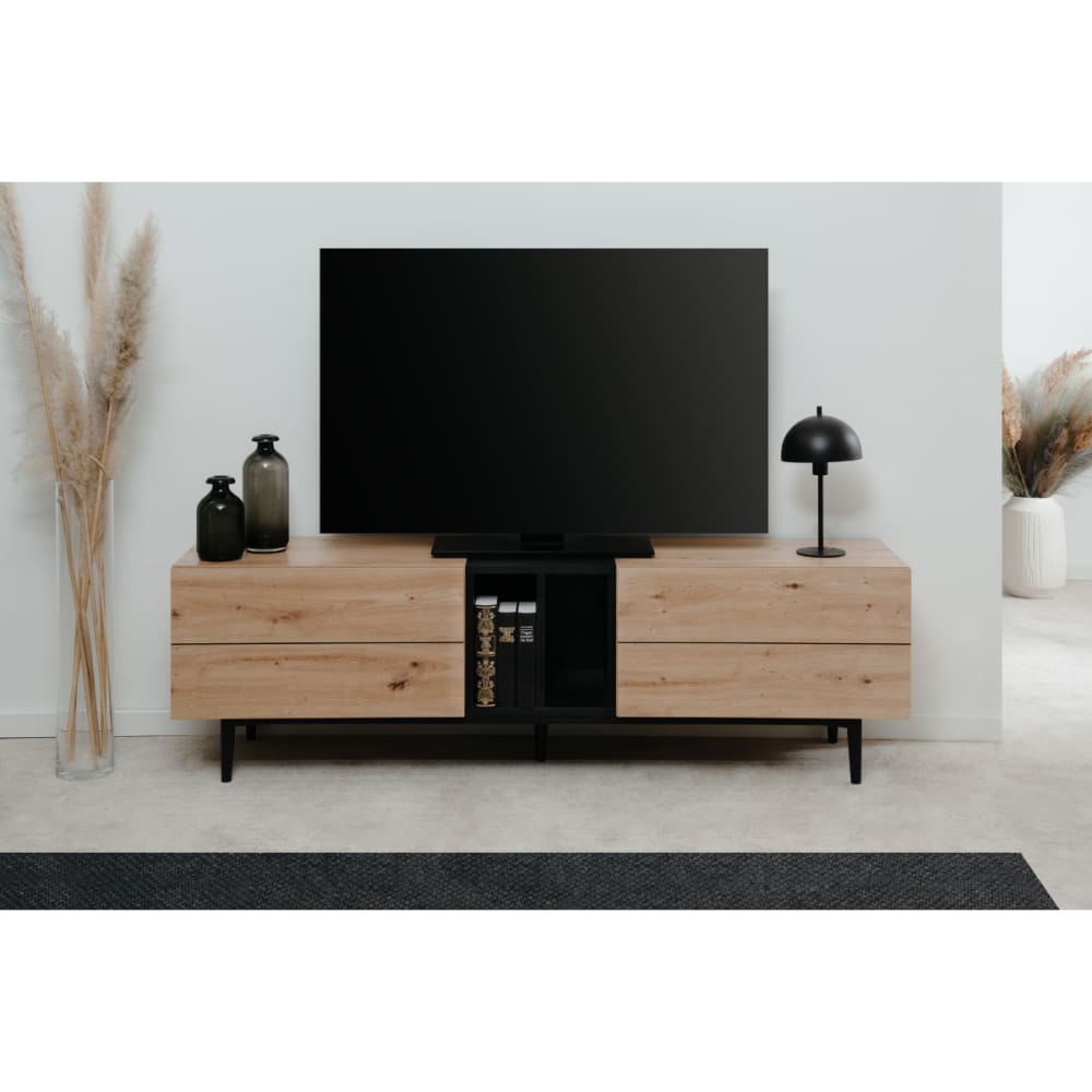 Meuble TV 2 abattants et 2 niches effet chêne noir L160 cm - image 2