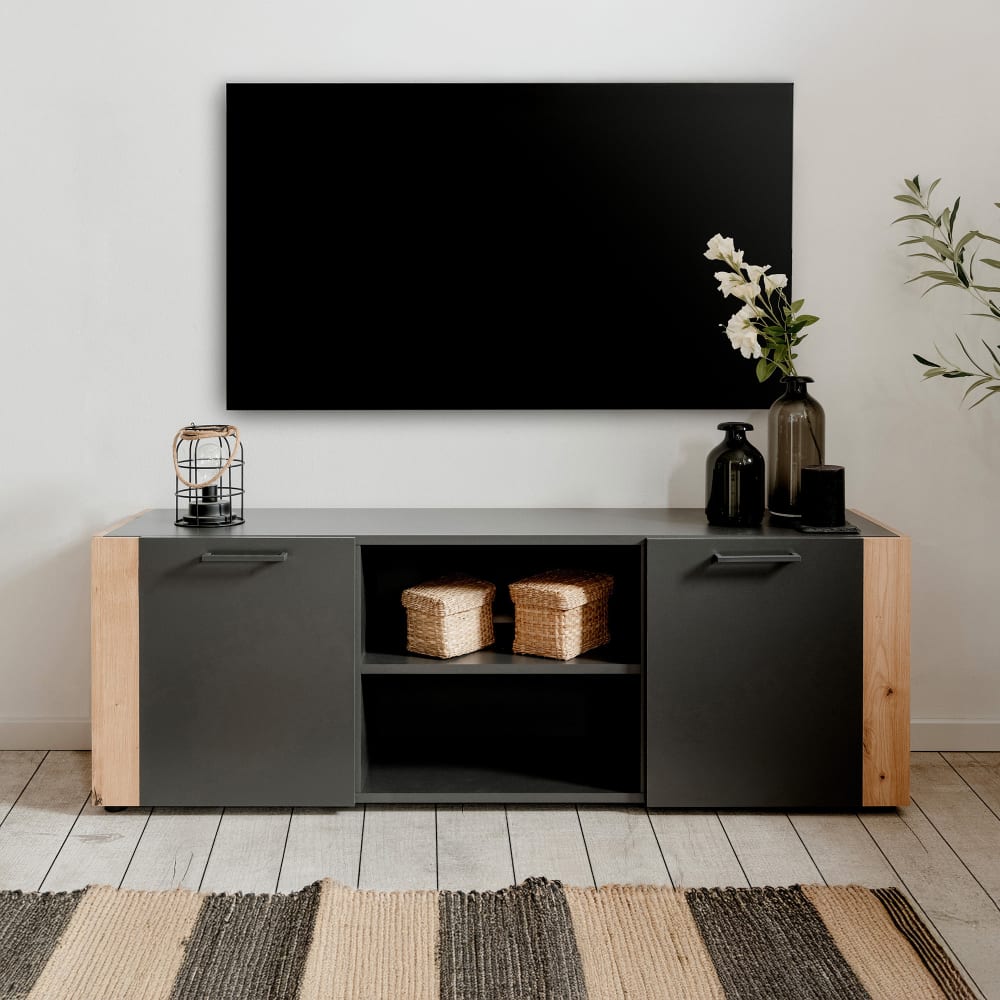 Meuble TV 2 portes 2 niches 138x34x45 cm noir et chêne - FLOWY